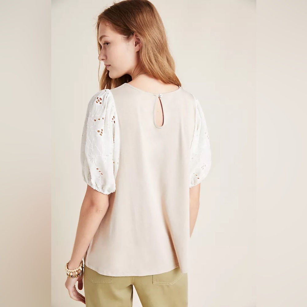 Dolan Left Coast | Anthropologie Adalia Eyelet Puff Sleeve | Taupe/White | L 🕥